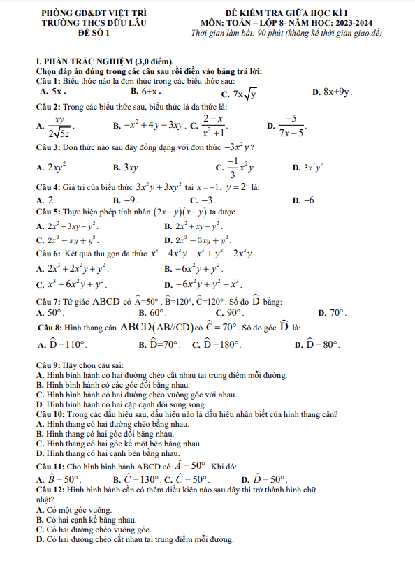 Đề giữa học kì 1 Toán 8 năm 2023 – 2024 trường THCS Dữu Lâu – Phú Thọ
