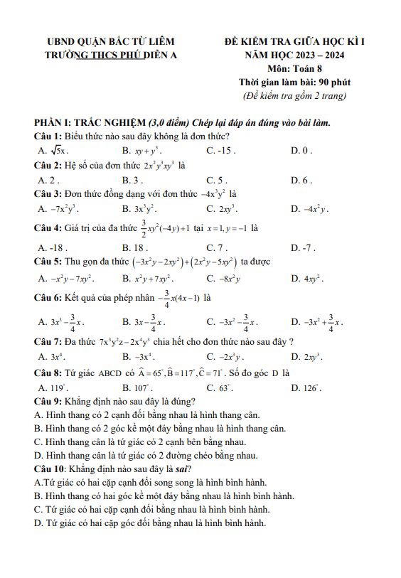 Đề giữa học kì 1 Toán 8 năm 2023 – 2024 trường THCS Phú Diễn A – Hà Nội