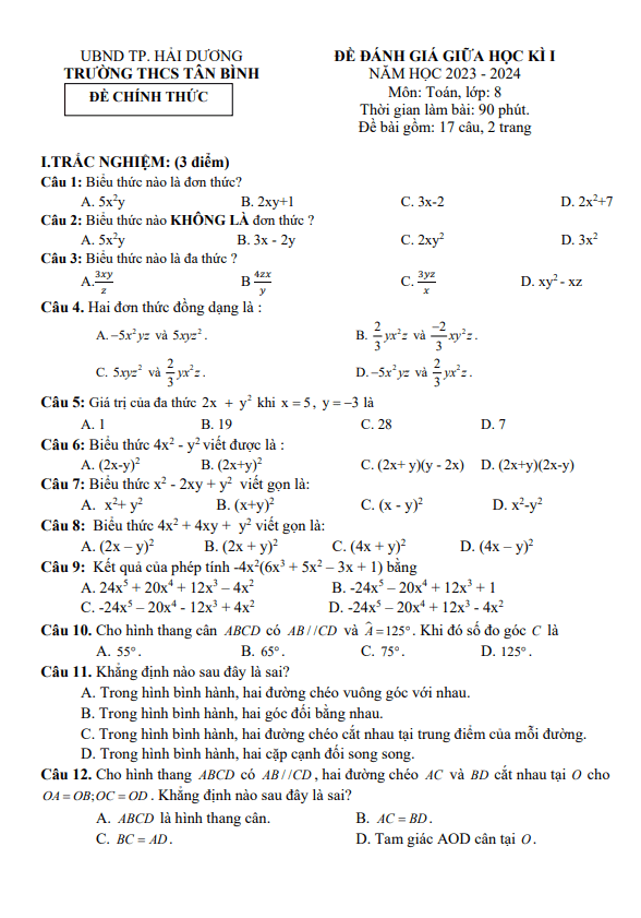 Đề giữa học kì 1 Toán 8 năm 2023 – 2024 trường THCS Tân Bình – Hải Dương