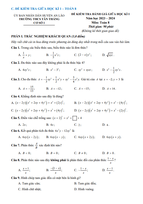 Đề giữa học kì 1 Toán 8 năm 2023 – 2024 trường THCS Tân Thắng – Hải Phòng