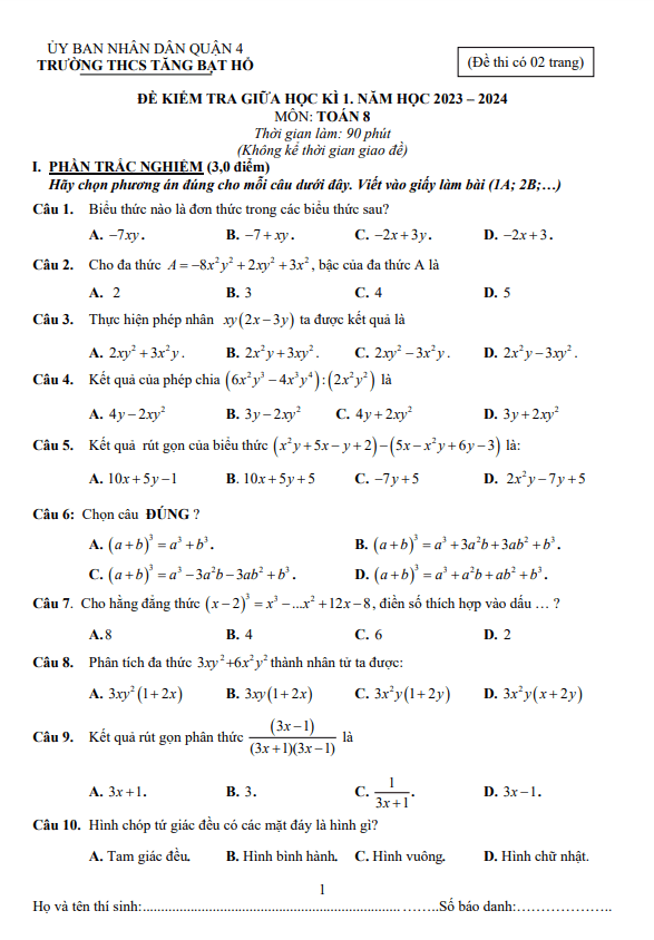 Đề giữa học kì 1 Toán 8 năm 2023 – 2024 trường THCS Tăng Bạt Hổ – TP HCM