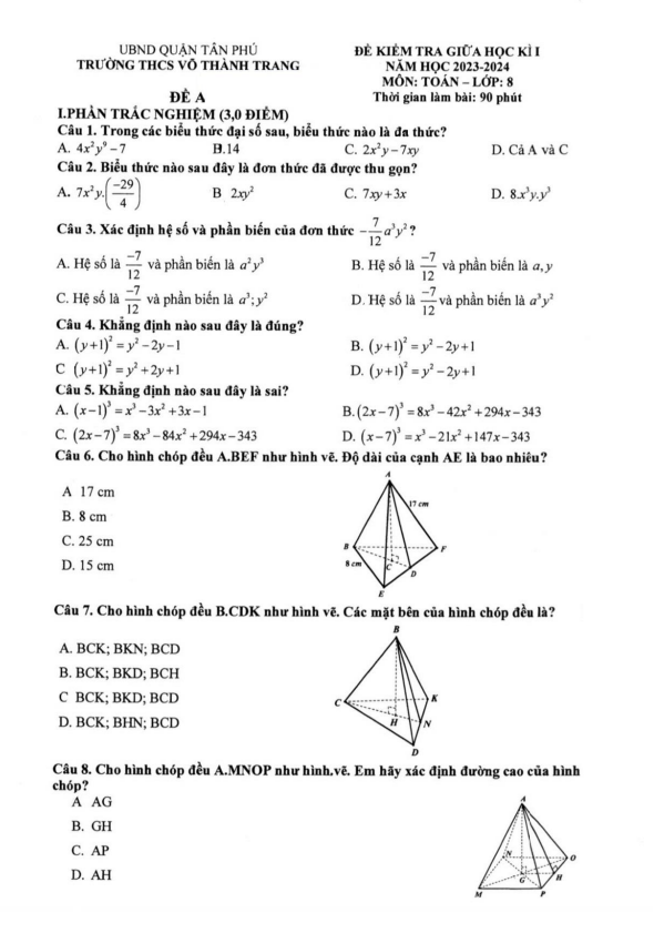 Đề giữa học kì 1 Toán 8 năm 2023 – 2024 trường THCS Võ Thành Trang – TP HCM
