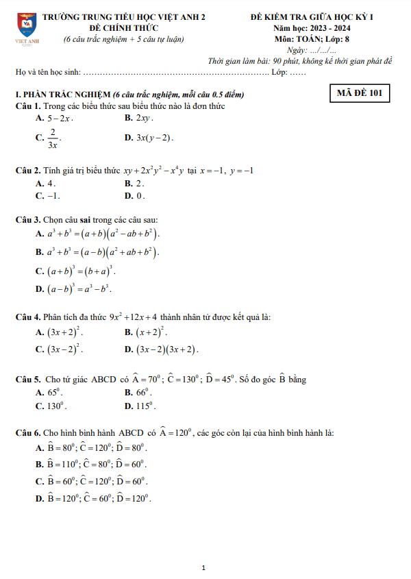 Đề giữa học kì 1 Toán 8 năm 2023 – 2024 trường Việt Anh 2 – Bình Dương