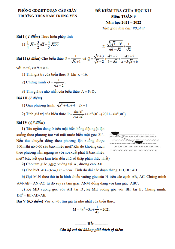 Đề giữa học kì 1 Toán 9 năm 2021 – 2022 trường THCS Nam Trung Yên – Hà Nội