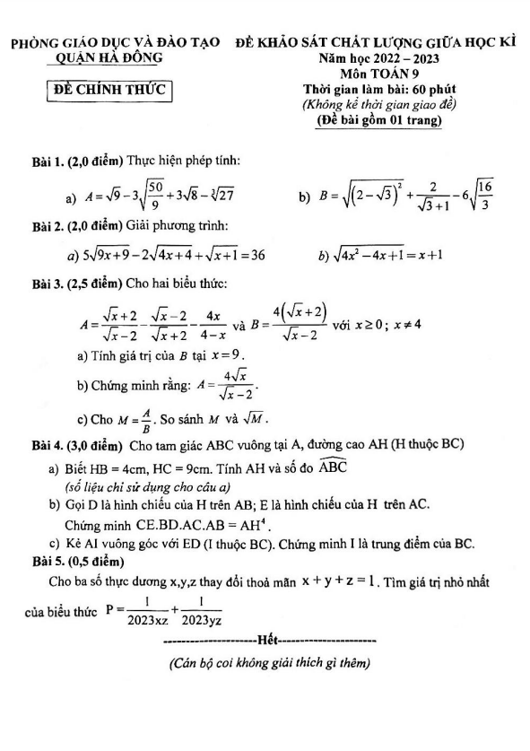 Đề giữa học kì 1 Toán 9 năm 2022 – 2023 phòng GD&ĐT Hà Đông – Hà Nội