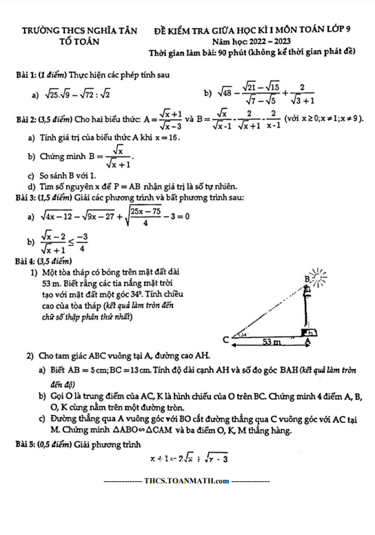 Đề giữa học kì 1 Toán 9 năm 2022 – 2023 trường THCS Nghĩa Tân – Hà Nội