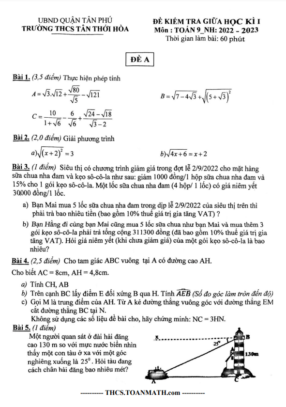 Đề giữa học kì 1 Toán 9 năm 2022 – 2023 trường THCS Tân Thới Hòa – TP HCM