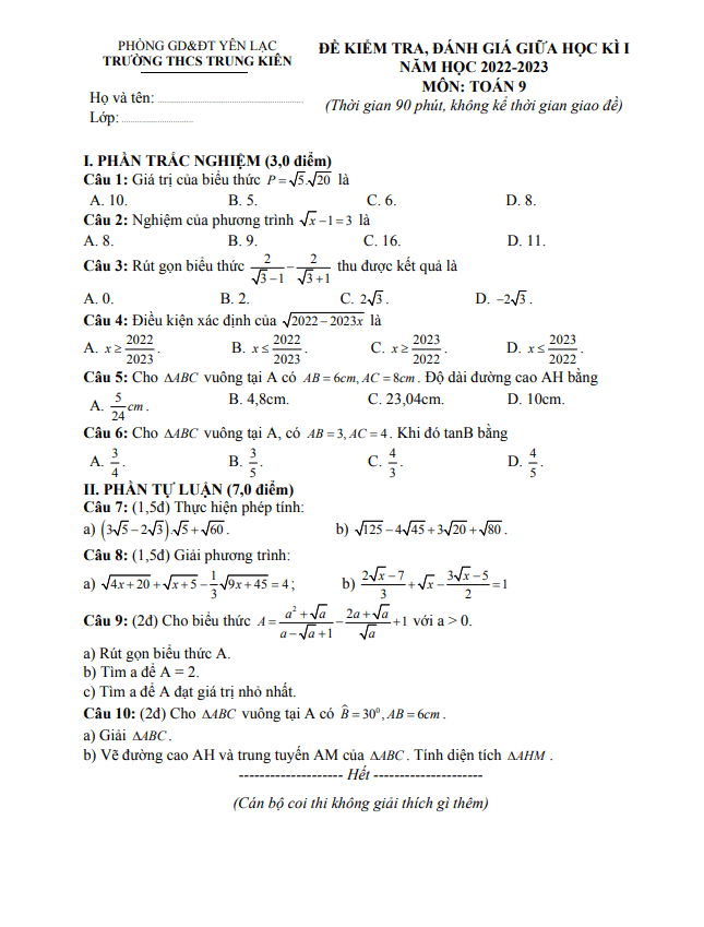 Đề giữa học kì 1 Toán 9 năm 2022 – 2023 trường THCS Trung Kiên – Vĩnh Phúc