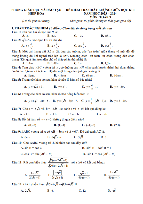 Đề giữa học kì 1 Toán 9 năm 2023 – 2024 phòng GD&ĐT Hiệp Hòa – Bắc Giang