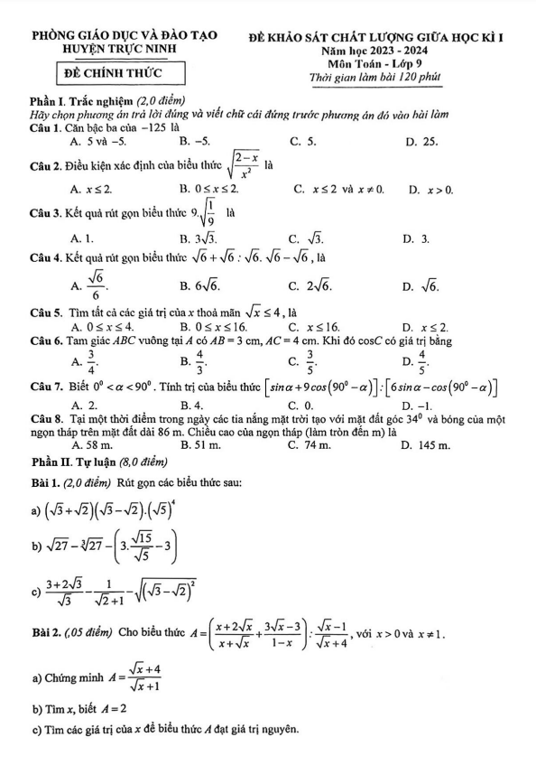 Đề giữa học kì 1 Toán 9 năm 2023 – 2024 phòng GD&ĐT Trực Ninh – Nam Định