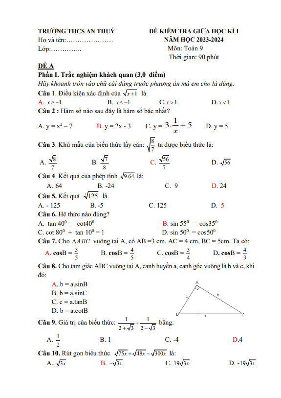 Đề giữa học kì 1 Toán 9 năm 2023 – 2024 trường THCS An Thủy – Quảng Bình
