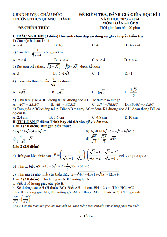 Đề giữa học kì 1 Toán 9 năm 2023 – 2024 trường THCS Quảng Thành – BR VT
