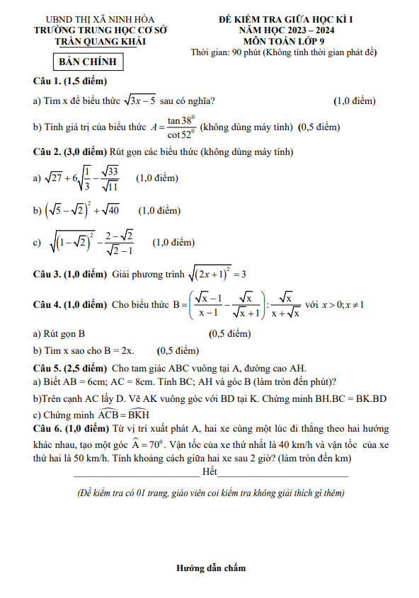 Đề giữa học kì 1 Toán 9 năm 2023 – 2024 trường THCS Trần Quang Khải – Khánh Hòa