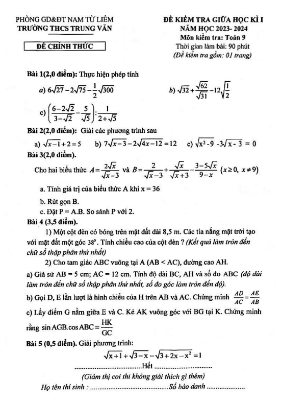 Đề giữa học kì 1 Toán 9 năm 2023 – 2024 trường THCS Trung Văn – Hà Nội