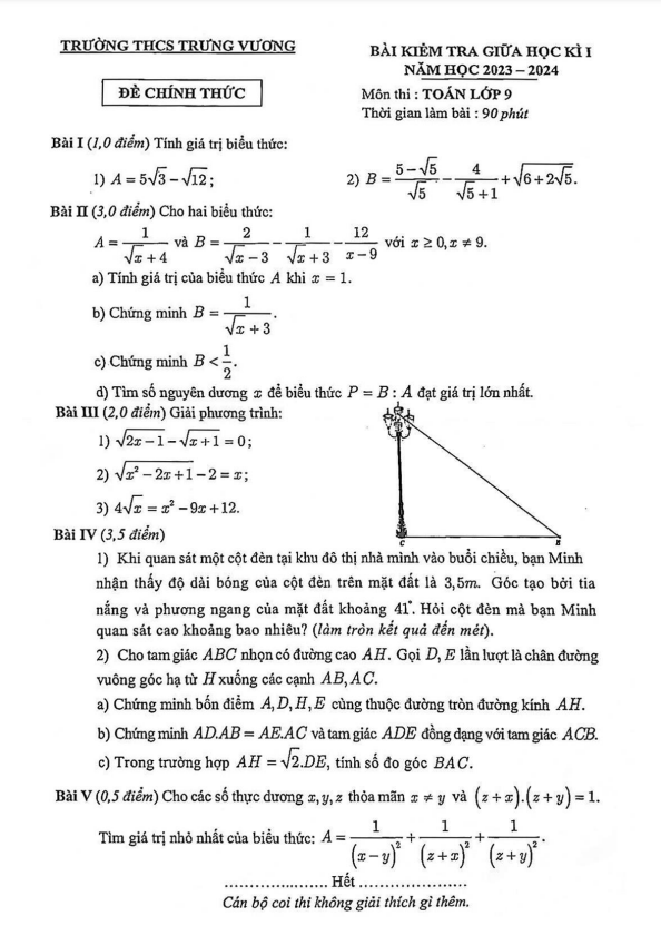 Đề giữa học kì 1 Toán 9 năm 2023 – 2024 trường THCS Trưng Vương – Hà Nội