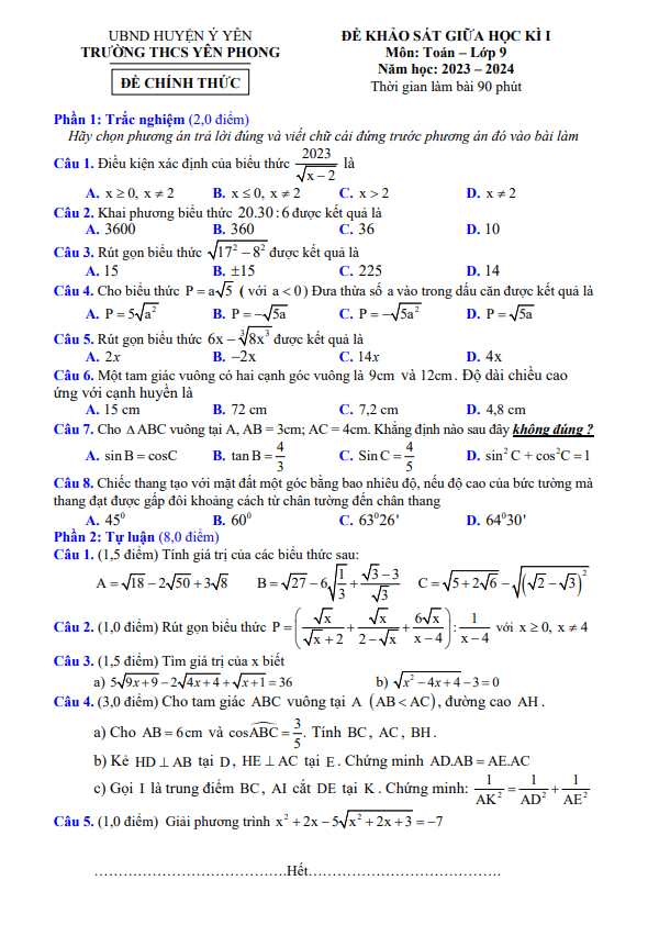 Đề giữa học kì 1 Toán 9 năm 2023 – 2024 trường THCS Yên Phong – Nam Định