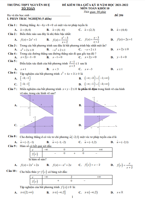 Đề giữa học kì 2 Toán 10 năm 2021 – 2022 trường THPT Nguyễn Huệ – Đắk Lắk