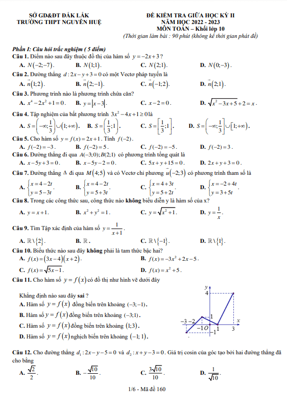 Đề giữa học kì 2 Toán 10 năm 2022 – 2023 trường THPT Nguyễn Huệ – Đắk Lắk