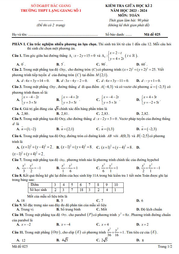 Đề giữa học kì 2 Toán 10 năm 2023 – 2024 trường THPT Lạng Giang 1 – Bắc Giang