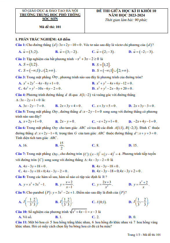 Đề giữa học kì 2 Toán 10 năm 2023 – 2024 trường THPT Sóc Sơn – Hà Nội