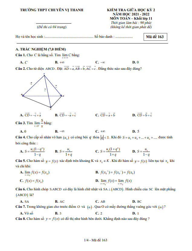 Đề giữa học kì 2 Toán 11 năm 2021 – 2022 trường chuyên Vị Thanh – Hậu Giang