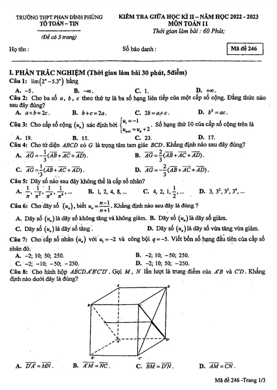 Đề giữa học kì 2 Toán 11 năm 2022 – 2023 trường THPT Phan Đình Phùng – Hà Nội