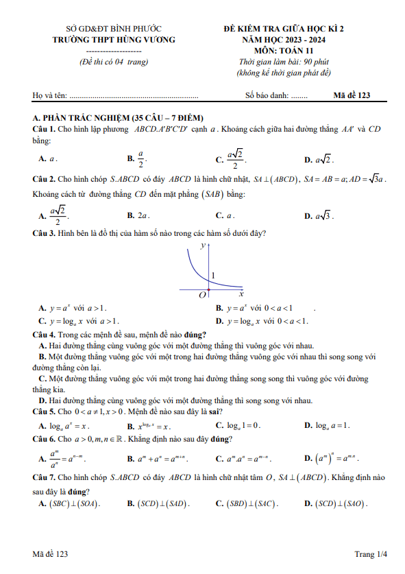Đề giữa học kì 2 Toán 11 năm 2023 – 2024 trường THPT Hùng Vương – Bình Phước