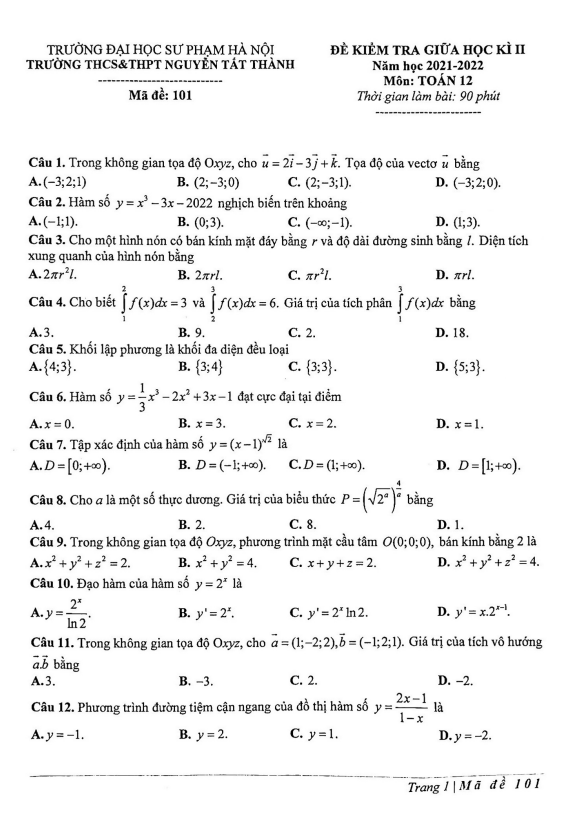 Đề giữa học kì 2 Toán 12 năm 2021 – 2022 trường Nguyễn Tất Thành – Hà Nội