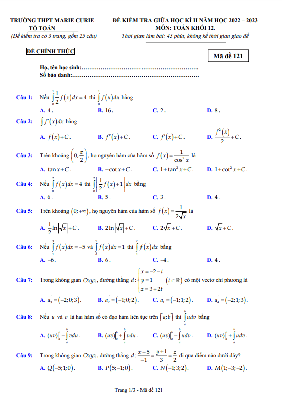Đề giữa học kì 2 Toán 12 năm 2022 – 2023 trường THPT Marie Curie – TP HCM