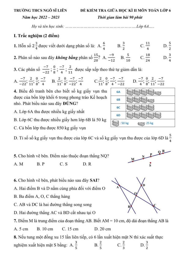 Đề giữa học kì 2 Toán 6 năm 2022 – 2023 trường THCS Ngô Sĩ Liên – Hà Nội