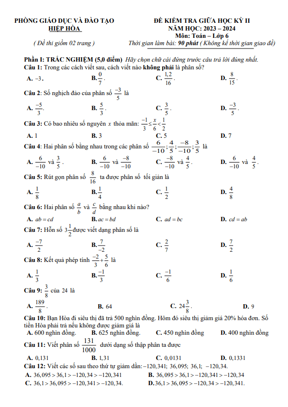 Đề giữa học kì 2 Toán 6 năm 2023 – 2024 phòng GD&ĐT Hiệp Hòa – Bắc Giang