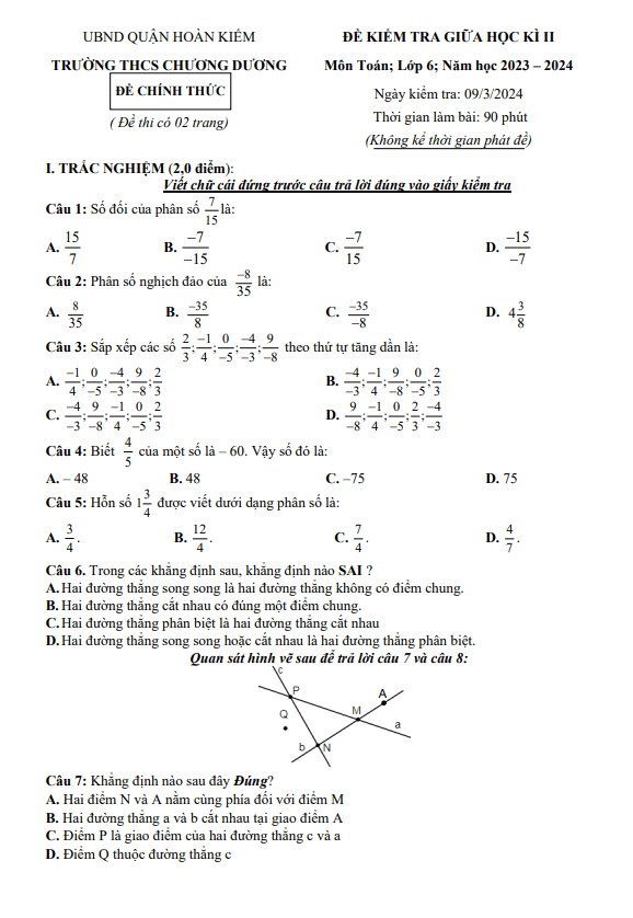 Đề giữa học kì 2 Toán 6 năm 2023 – 2024 trường THCS Chương Dương – Hà Nội