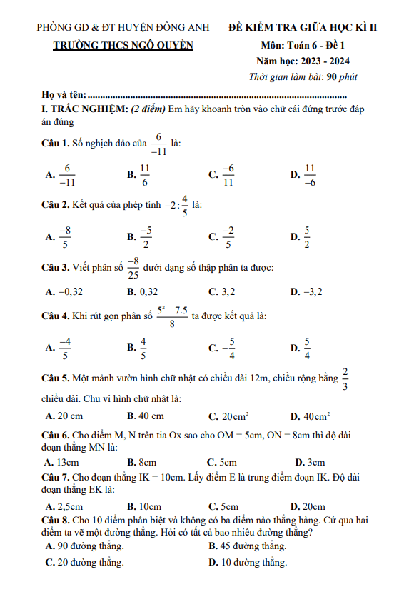 Đề giữa học kì 2 Toán 6 năm 2023 – 2024 trường THCS Ngô Quyền – Hà Nội
