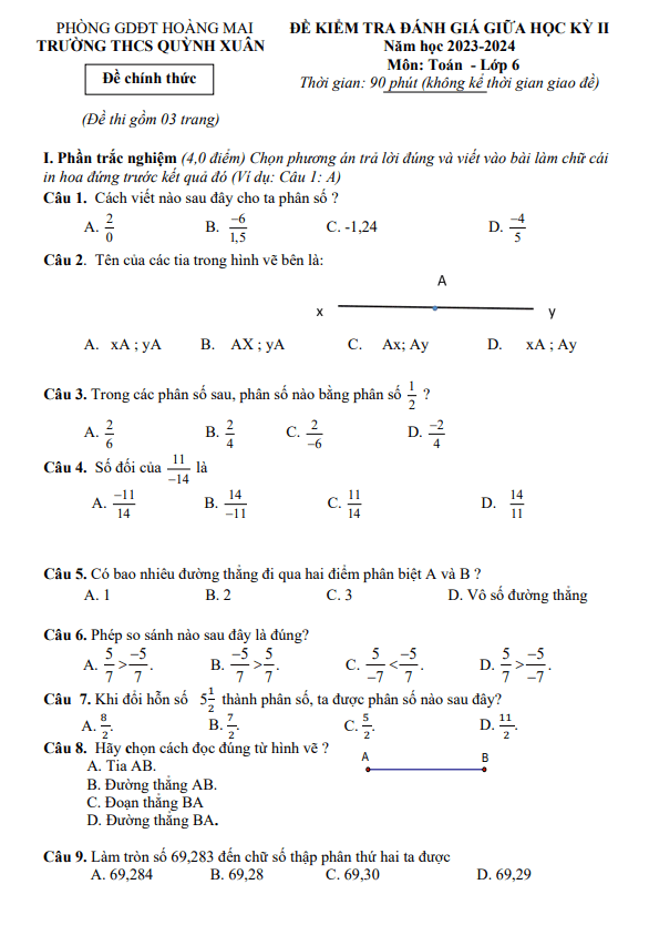 Đề giữa học kì 2 Toán 6 năm 2023 – 2024 trường THCS Quỳnh Xuân – Nghệ An