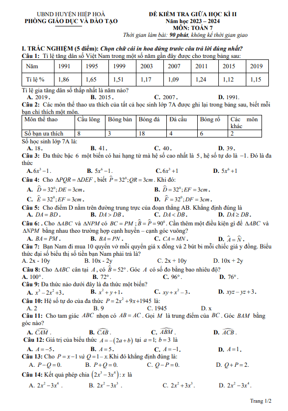 Đề giữa học kì 2 Toán 7 năm 2023 – 2024 phòng GD&ĐT Hiệp Hòa – Bắc Giang