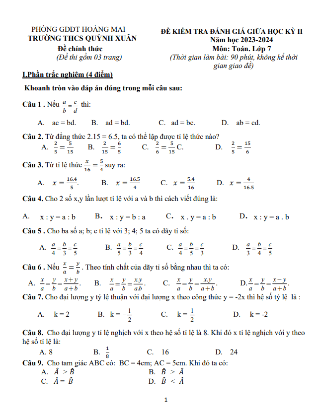 Đề giữa học kì 2 Toán 7 năm 2023 – 2024 trường THCS Quỳnh Xuân – Nghệ An