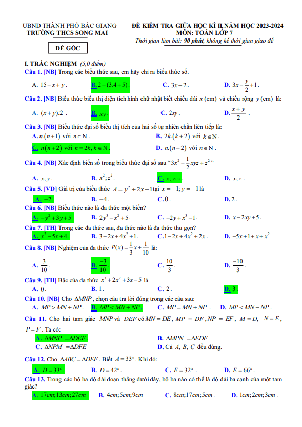 Đề giữa học kì 2 Toán 7 năm 2023 – 2024 trường THCS Song Mai – Bắc Giang