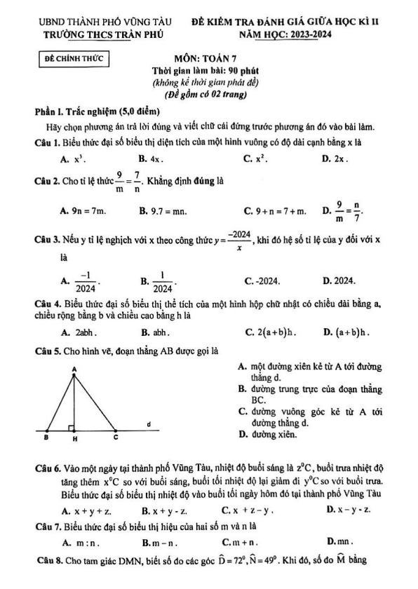 Đề giữa học kì 2 Toán 7 năm 2023 – 2024 trường THCS Trần Phú – BR VT