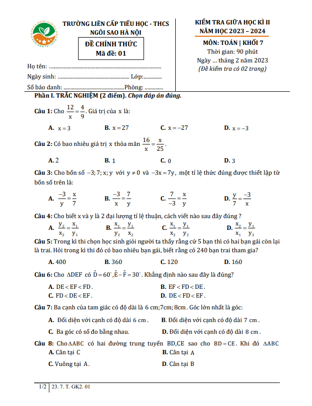 Đề giữa học kì 2 Toán 7 năm 2023 – 2024 trường TH&THCS Ngôi Sao Hà Nội
