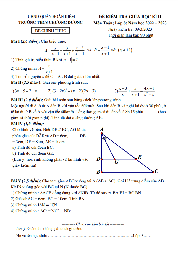 Đề giữa học kì 2 Toán 8 năm 2022 – 2023 trường THCS Chương Dương – Hà Nội