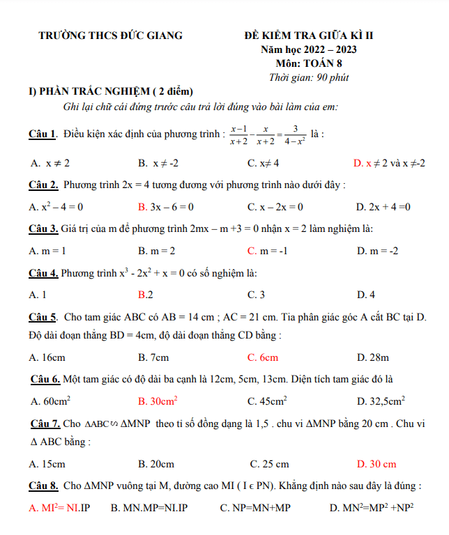 Đề giữa học kì 2 Toán 8 năm 2022 – 2023 trường THCS Đức Giang – Hà Nội