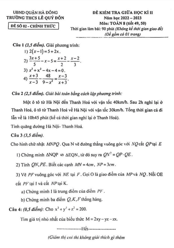 Đề giữa học kì 2 Toán 8 năm 2022 – 2023 trường THCS Lê Quý Đôn – Hà Nội