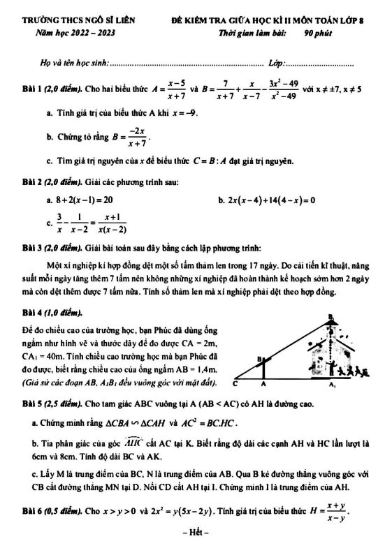 Đề giữa học kì 2 Toán 8 năm 2022 – 2023 trường THCS Ngô Sĩ Liên – Hà Nội