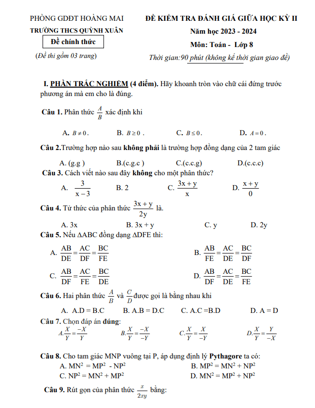 Đề giữa học kì 2 Toán 8 năm 2023 – 2024 trường THCS Quỳnh Xuân – Nghệ An