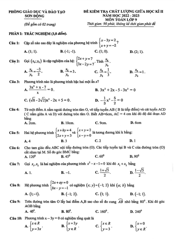 Đề giữa học kì 2 Toán 9 năm 2022 – 2023 phòng GD&ĐT Sơn Động – Bắc Giang