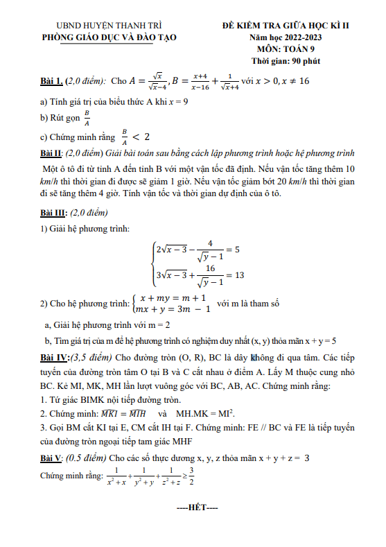Đề giữa học kì 2 Toán 9 năm 2022 – 2023 phòng GD&ĐT Thanh Trì – Hà Nội