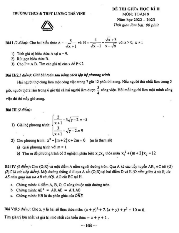 Đề giữa học kì 2 Toán 9 năm 2022 – 2023 trường Lương Thế Vinh – Hà Nội