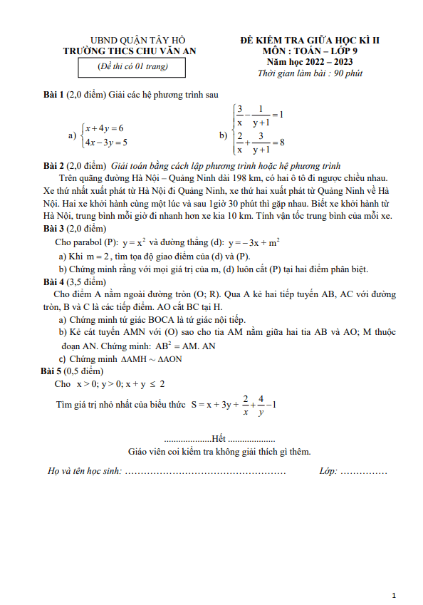 Đề giữa học kì 2 Toán 9 năm 2022 – 2023 trường THCS Chu Văn An – Hà Nội