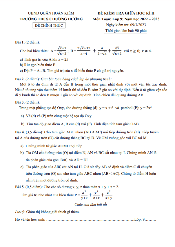 Đề giữa học kì 2 Toán 9 năm 2022 – 2023 trường THCS Chương Dương – Hà Nội