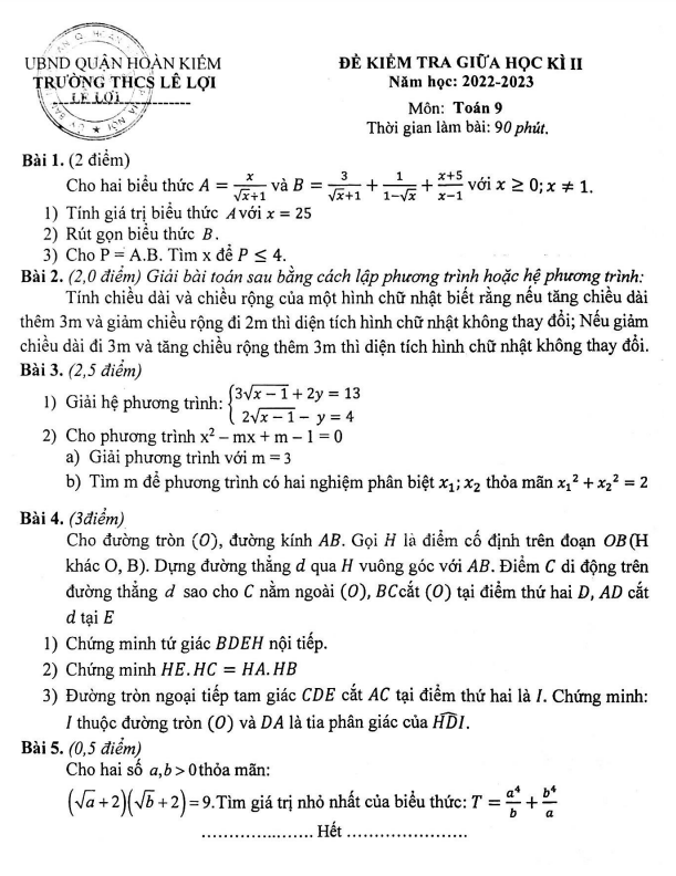 Đề giữa học kì 2 Toán 9 năm 2022 – 2023 trường THCS Lê Lợi – Hà Nội